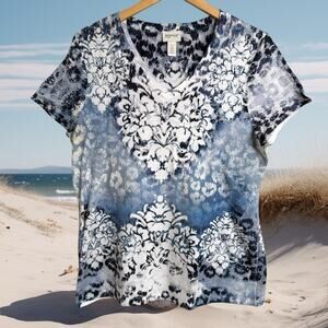 Zenergy By Chicos 2 Large Top Blue Floral Short Sleeves V Neck Comfy made in USA